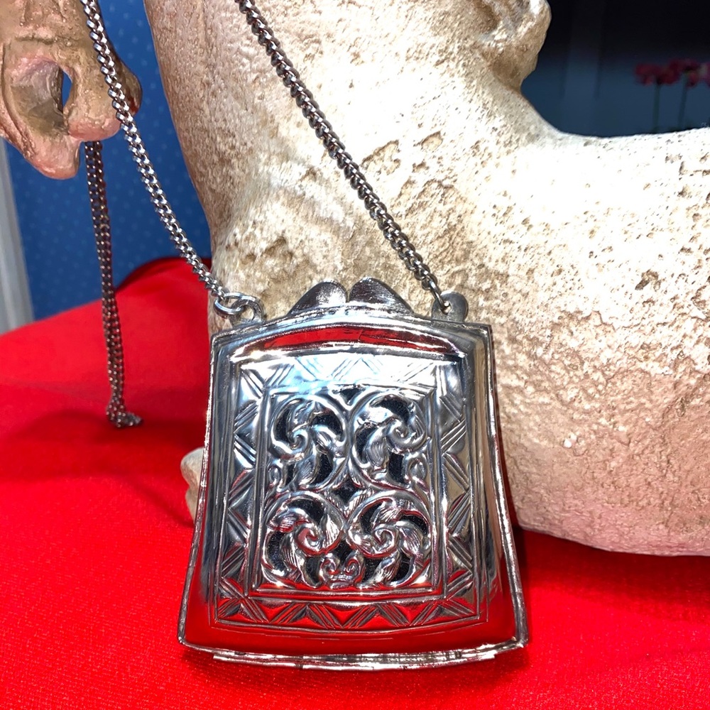 Silver Finish Hard Shell Small Purse, Long Chain